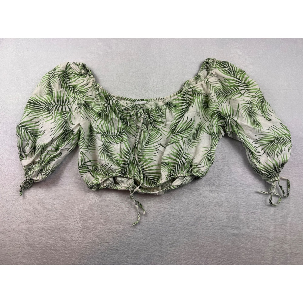 Sigrid Olsen Green Palm Leaf Tropical Linen Blend Puff Sleeve Crop Top Small